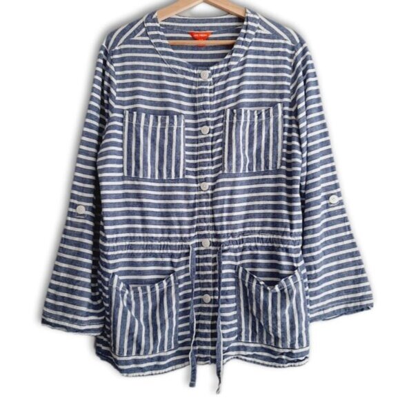 JOE FRESH Button Down Light Shirt Jacket Utility Roll-Up Sleeves Stripes Sz M - Picture 1 of 16